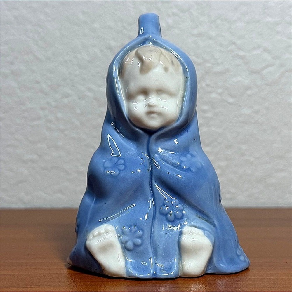 Vintage Porcelain Baby in Blue Blanket Dinner Bell Ceramic Figurine 4.75 Inch